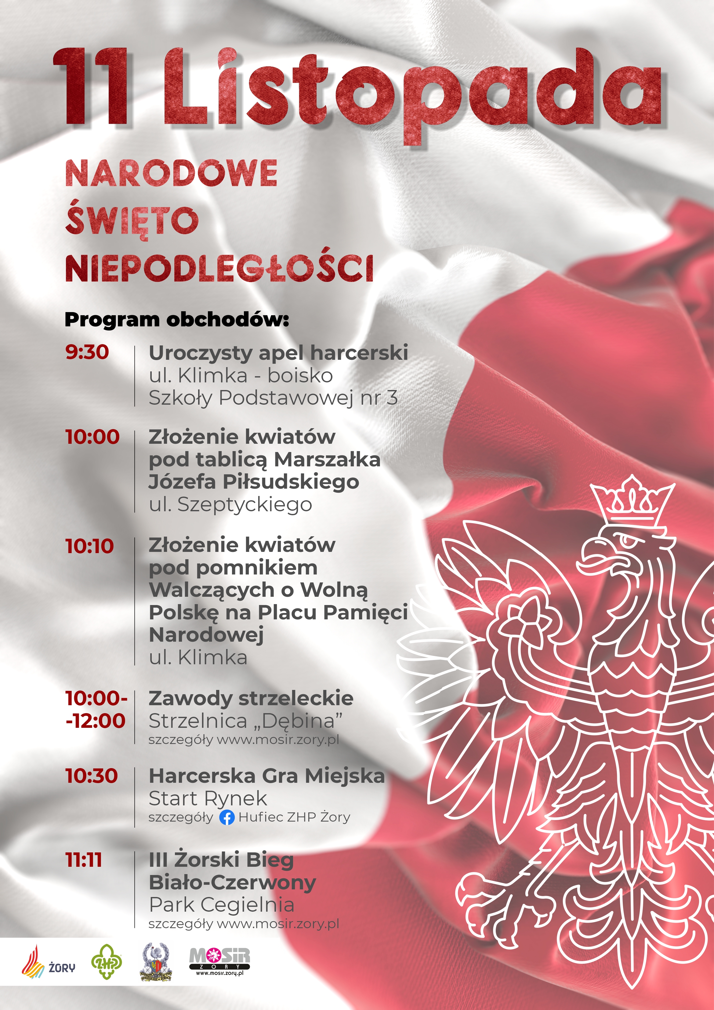 Biało czerwony plakat z informacjami o programie obchodów 11 listopada